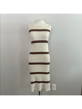 Cream and Brown Sleeveless Sheath Dress with Stripes